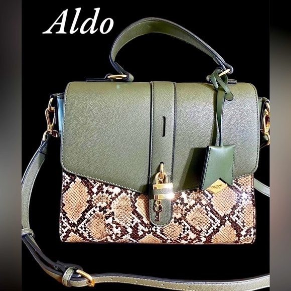 ALDO-NWOT Green/faux python Nanamarynn Satchel bag, gold hardware, 4 pockets. - Picture 7 of 11